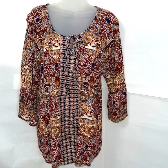 Style & Co Peasant Style BoHo Top Bell Sleeve Size L Brown Navy Cream Pattern - Picture 1 of 5